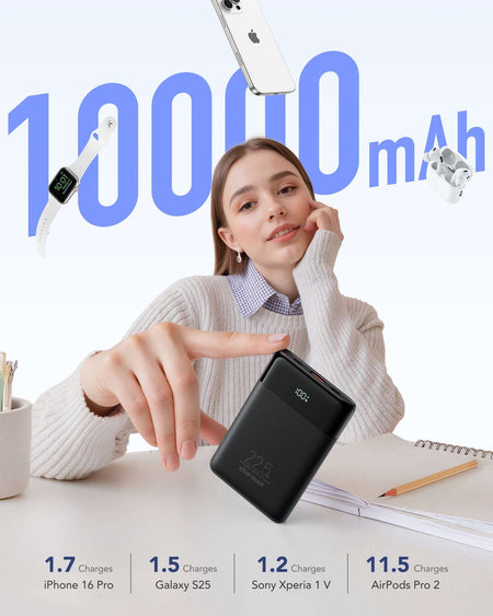 Charmast W1202 PD22.5W Power Bank 10000mAh Built-in 2 Cable LED Display Screen - Black