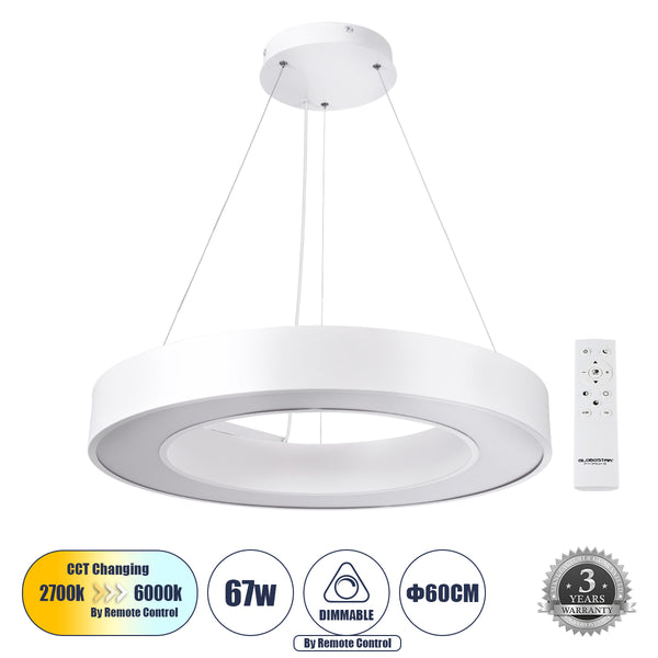 RA 61195 Κρεμαστό Φωτιστικό Δαχτυλίδι-Κύκλος LED CCT 67W 7370lm 120° AC 220-240V - Εναλλαγή Φωτισμού μέσω Τηλεχειριστηρίου All In One Ψυχρό 6000k+Φυσικό 4500k+Θερμό 2700k Dimmable Φ60cm - Λευκό - 3 Years Warranty