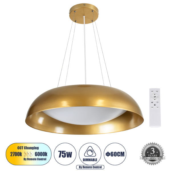 ANATOLIA 61270 Κρεμαστή Πλαφονιέρα Οροφής LED CCT 75W 8625lm 120° AC 220-240V - Εναλλαγή Φωτισμού μέσω Τηλεχειριστηρίου All In One Ψυχρό 6000k+Φυσικό 4500k+Θερμό 2700k Dimmable Φ60cm - Χρυσό - 3 Years Warranty