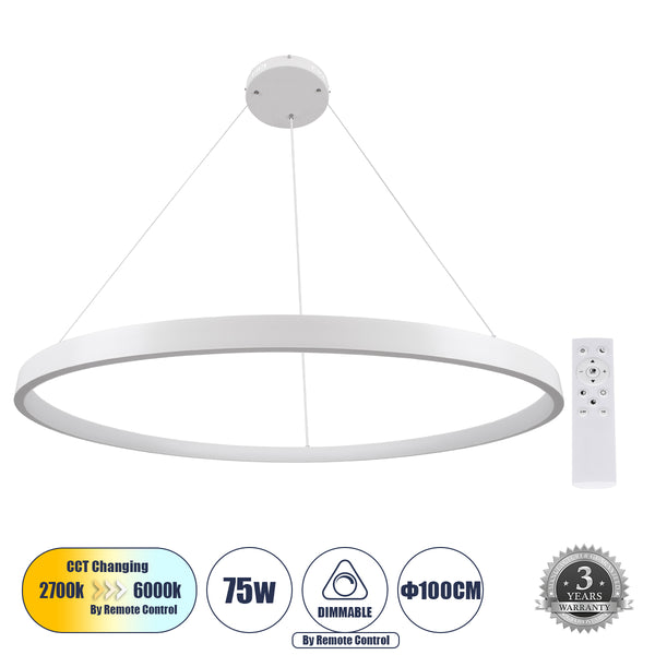 NEMESIS 61165 Κρεμαστό Φωτιστικό Δαχτυλίδι-Κύκλος LED CCT 75W 8743lm 360° AC 220-240V - Εναλλαγή Φωτισμού μέσω Τηλεχειριστηρίου All In One Dimmable - 3 Years Warranty