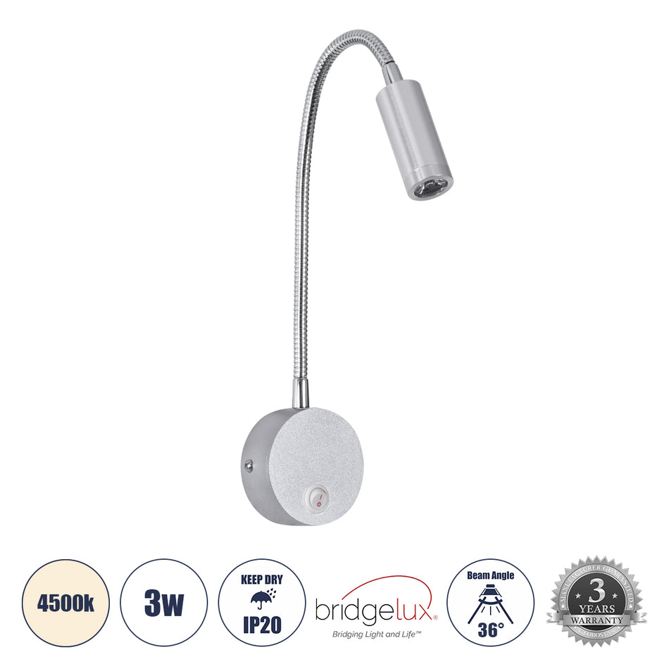 GLOBOSTAR® GOOSE 60879 Μοντέρνο Φωτιστικό Τοίχου - Απλίκα Ξενοδοχείου Reading Light LED 3W 300lm 36° AC 220-240V IP20 Φυσικό Λευκό 4500K - CREE XPE Chip & TÜV SÜD Driver - Νίκελ Βούρτσας - Μ6.5 x Π15 x Υ24.5cm - 3 Χρόνια Εγγύηση