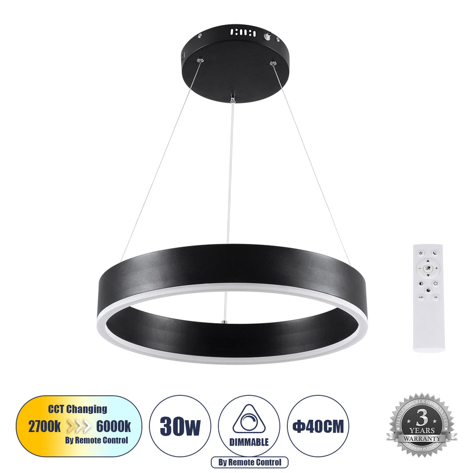 GLOBOSTAR® VENOM 61173 Μοντέρνο Κρεμαστό Φωτιστικό Οροφής LED 30W 3513lm 120° AC 220-240V IP20 Ρυθμιζόμενο Λευκό CCT με Χειριστήριο από 2700K έως 6000K Dimmable - Lumileds SMD Chip - Μαύρο Ματ - Μ40 x Π40 x Υ6.5cm - 3 Χρόνια Εγγύηση
