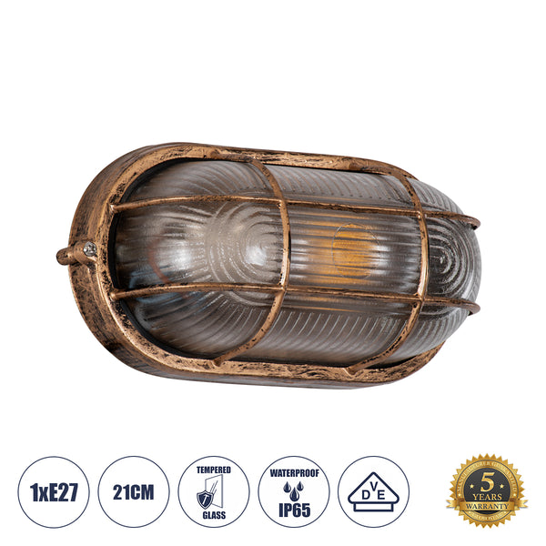 BOATLIGHT 61584 Vintage Industrial Φωτιστικό Τοίχου - Απλίκα - Καραβοχελώνα Εξωτερικού Χώρου Μονόφωτο 1 x E27 AC220-240V Αδιάβροχο IP65 - Σώμα Αλουμινίου & Tempered Glass - Μ21 x Π10.4 x Υ9cm - Αντικέ Μπρονζέ - Οβάλ - 5 Years Warranty