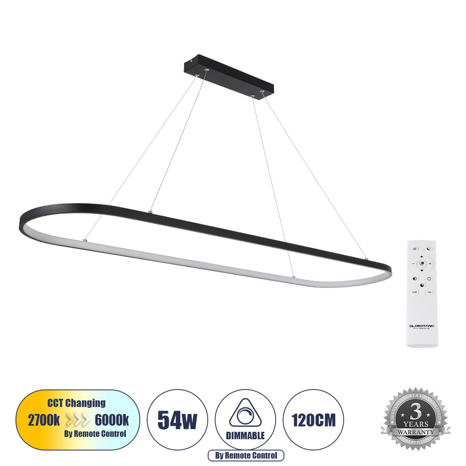 GLOBOSTAR® BOLIVAR 61271 Μοντέρνο Κρεμαστό Φωτιστικό Οροφής LED 54W 6210lm 360° AC 220-240V IP20 Ρυθμιζόμενο Λευκό CCT με Χειριστήριο από 2700K έως 6000K Dimmable - Lumileds SMD Chip - Μαύρο Ματ - Μ120 x Π30 x Υ2cm - 3 Χρόνια Εγγύηση