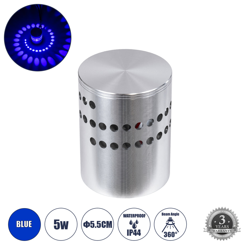 GLOBOSTAR® STAINS 60596 Μοντέρνο Φωτιστικό Τοίχου - Απλίκα LED 5W 300lm 180° AC 220-240V IP44 Μπλε - Bridgelux SMD Chip & TÜV SÜD Driver - Νίκελ Βούρτσας - Μ5.5 x Π5.5 x Υ7cm - 5 Χρόνια Εγγύηση