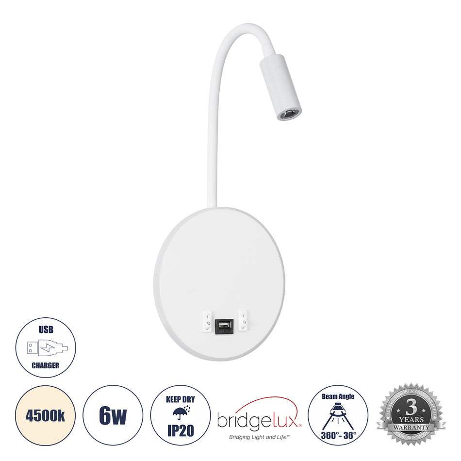 GLOBOSTAR® GOOSE 60881 Μοντέρνο Φωτιστικό Τοίχου - Απλίκα Ξενοδοχείου Reading Light με Φορτιστή USB 3A LED 6W 600lm 36° & 360° AC 220-240V IP20 Φυσικό Λευκό 4500K - CREE XPE & Lumileds SMD Chip & TÜV SÜD Driver - Λευκό Ματ - Μ15.5 x Π15 x Υ30.5cm - 3 Χ...