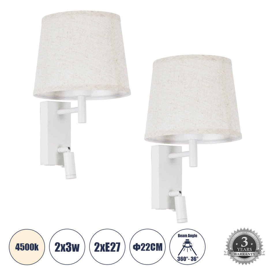 GLOBOSTAR® ROULETTE-R 61380 Μοντέρνο Φωτιστικό Τοίχου - Απλίκα Ξενοδοχείου Reading Light με Φορτιστή USB 3A & Ντουί 1 x E27 LED 3W 360lm 36° & 360° AC 220-240V IP20 Φυσικό Λευκό 4500K - Bridgelux COB Chip & TÜV SÜD Driver - Λευκό Ματ & Μπεζ - Μ22 x Π23...