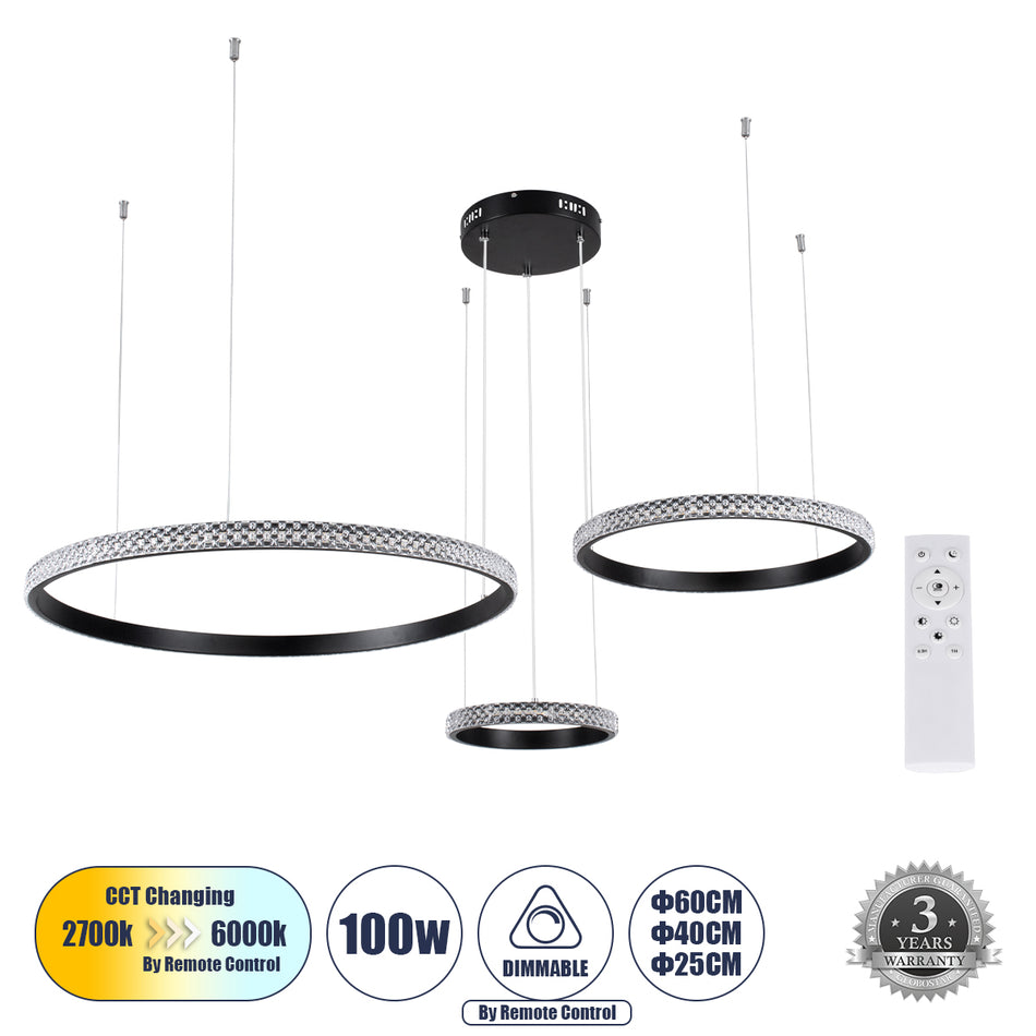 GLOBOSTAR® DIAMOND TRIO 61142 Μοντέρνο Κρεμαστό Φωτιστικό Οροφής LED 100W 12123lm 360° AC 220-240V IP20 Ρυθμιζόμενο Λευκό CCT με Χειριστήριο από 2700K έως 6000K Dimmable - Lumileds SMD Chip - Μαυρό Ματ - Μ110 x Π110 x Υ60cm - 3 Χρόνια Εγγύηση