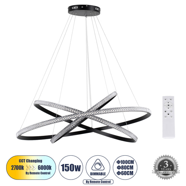 DIAMOND TRIO 61140-DECO Κρεμαστό Φωτιστικό Δαχτυλίδι-Κύκλος LED CCT 150W 18379lm 360° AC 220-240V - Εναλλαγή Φωτισμού μέσω Τηλεχειριστηρίου All In One Dimmable - Μαύρο - 3 Years Warranty