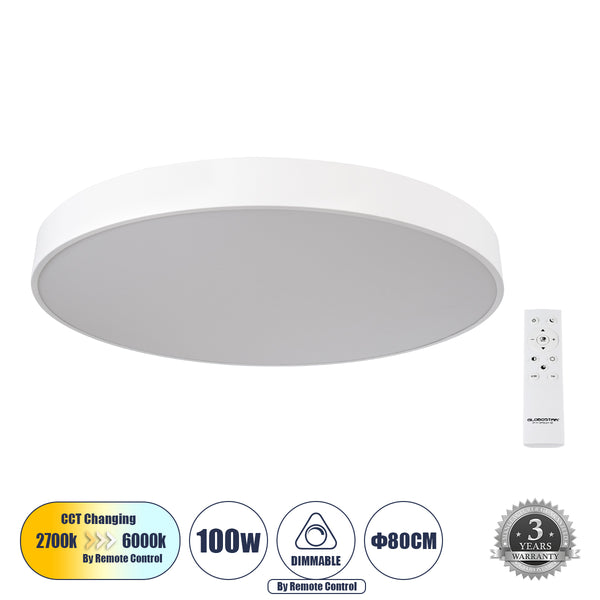 BURTON 61205-S Πλαφονιέρα Οροφής LED CCT 100W 11020lm 120° AC 220-240V - Εναλλαγή Φωτισμού μέσω Τηλεχειριστηρίου All In One Ψυχρό 6000k+Φυσικό 4500k+Θερμό 2700k Dimmable Φ80cm - Λευκό - 3 Years Warranty