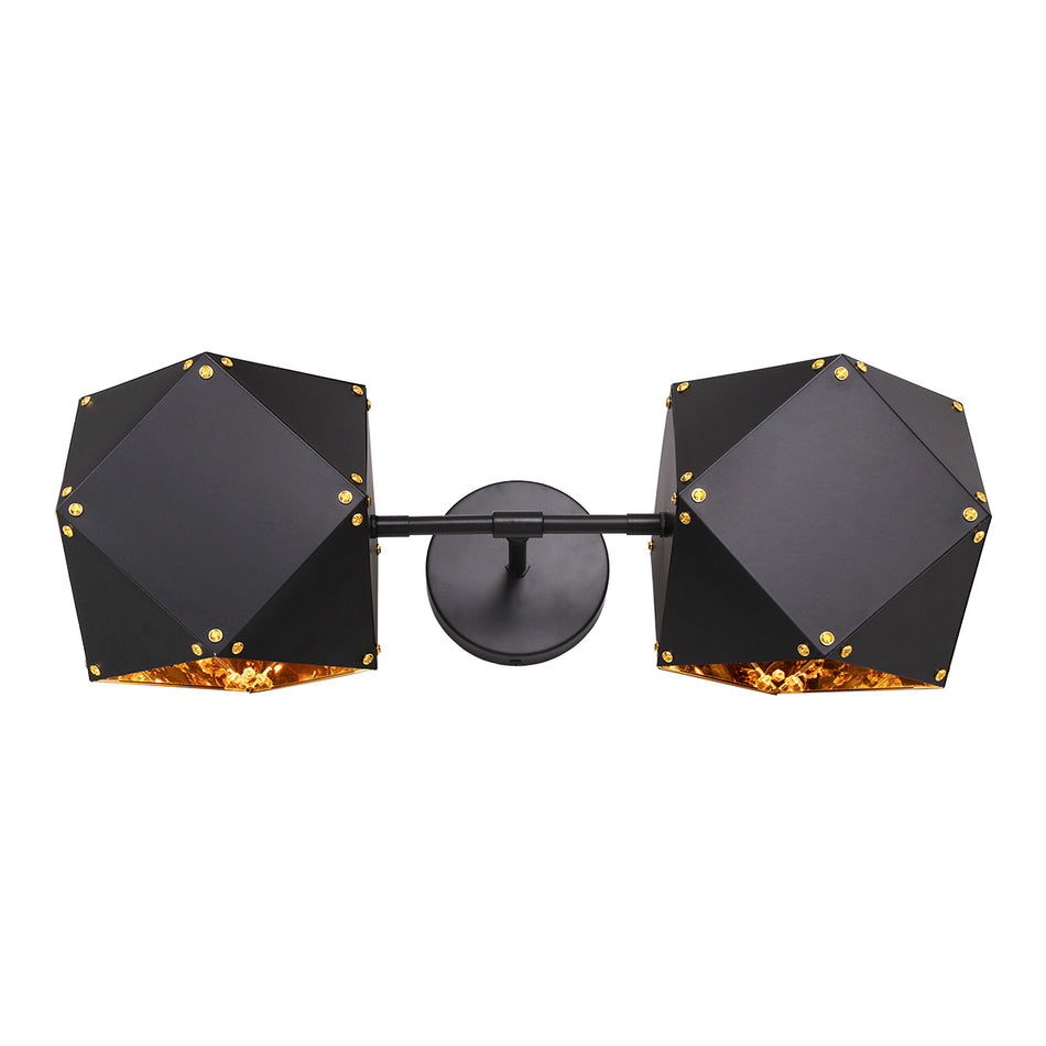 WELLES Replica 00795 Moderne Wandleuchte, zweiflammig, Metall, Schwarz – Gold, M52 x B21 x H17 cm