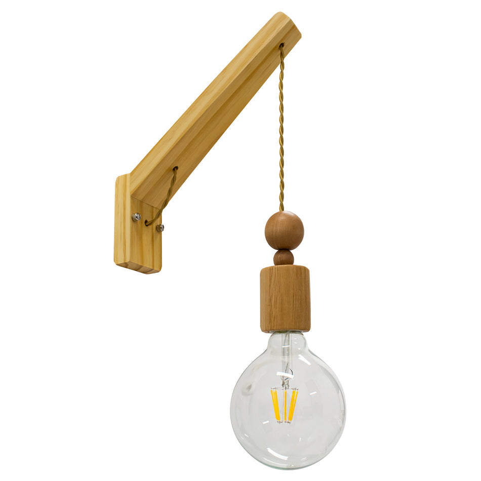 NOVO 00885 Vintage-Wandleuchte, Einzelleuchte, beige, aus Holz mit Seil, M7 x B27 x H29–65 cm