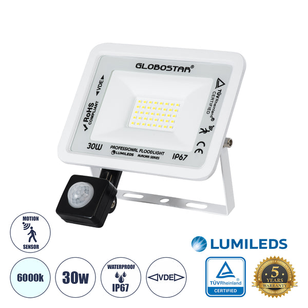 AURORA 61440 Επαγγελματικός Προβολέας LED 30W 3750lm 120° AC 220-240V με Ενσωματωμένο Ρυθμιζόμενο Αισθητήρα Κίνησης PIR - Αδιάβροχος IP67 - Μ16 x Π5 x Υ17.5cm - Λευκό - Ψυχρό Λευκό 6000K - LUMILEDS Chips - TÜV Rheinland Certified - 3 Years Warranty