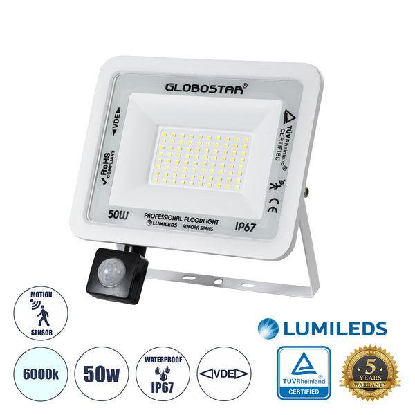 AURORA 61442 Επαγγελματικός Προβολέας LED 50W 6250lm 120° AC 220-240V με Ενσωματωμένο Ρυθμιζόμενο Αισθητήρα Κίνησης PIR - Αδιάβροχος IP67 - Μ21 x Π5 x Υ21cm - Λευκό - Ψυχρό Λευκό 6000K - LUMILEDS Chips - TÜV Rheinland Certified - 3 Years Warranty