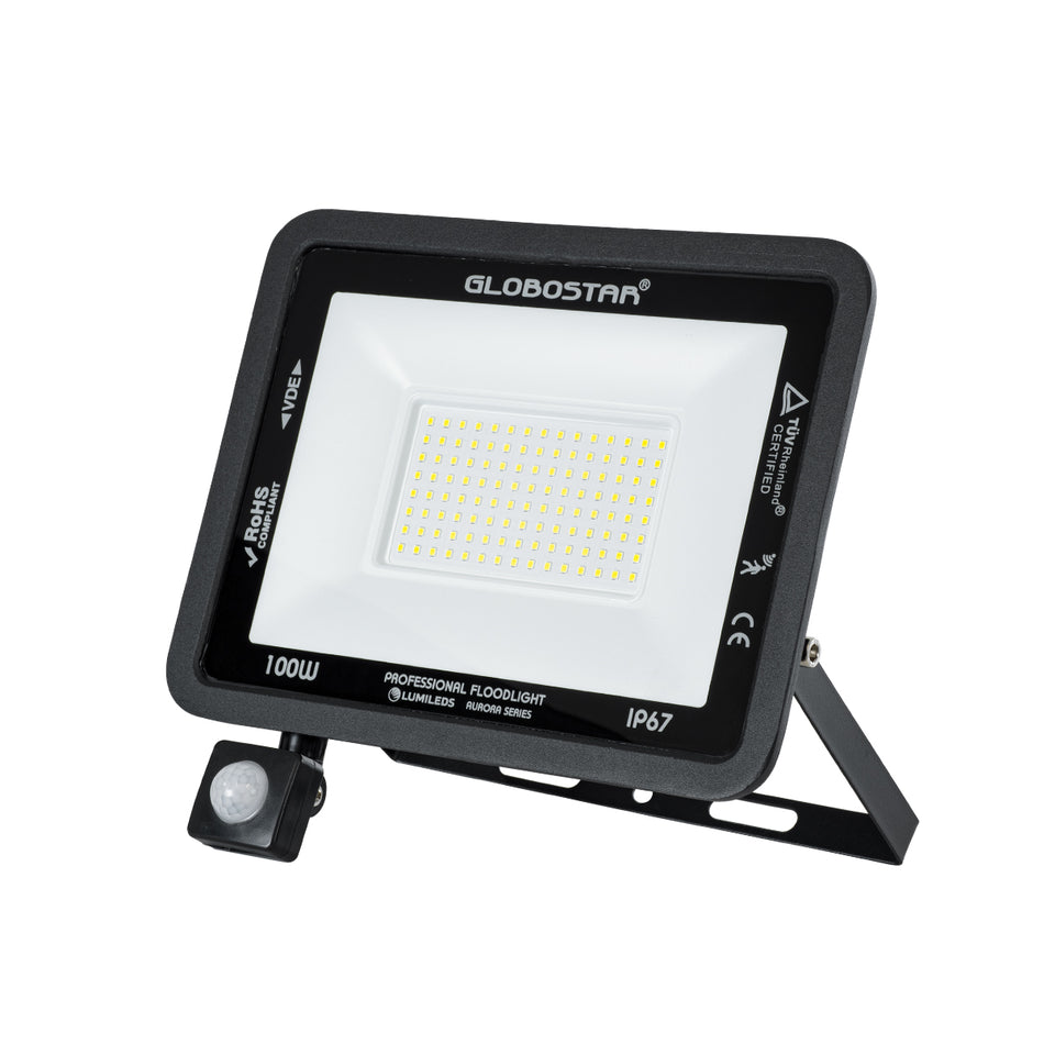 GLOBOSTAR® AURORA 61443 Προβολέας με Ανιχνευτή PIR / Αισθητήρα Κίνησης LED 100W 12500lm 120° AC 220-240V Αδιάβροχο IP67 Ψυχρό Λευκό 6000K - Lumileds SMD Chip - TÜV Rheinland Certified - Μαύρο Ματ - Μ25 x Π6.5 x Υ27.5cm - 3 Χρόνια Εγγύηση