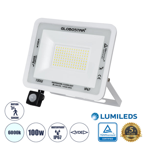 AURORA 61444 Επαγγελματικός Προβολέας LED 100W 12500lm 120° AC 220-240V με Ενσωματωμένο Ρυθμιζόμενο Αισθητήρα Κίνησης PIR - Αδιάβροχος IP67 - Μ25 x Π6.5 x Υ27.5cm - Λευκό - Ψυχρό Λευκό 6000K - LUMILEDS Chips - TÜV Rheinland Certified - 3 Years Warranty