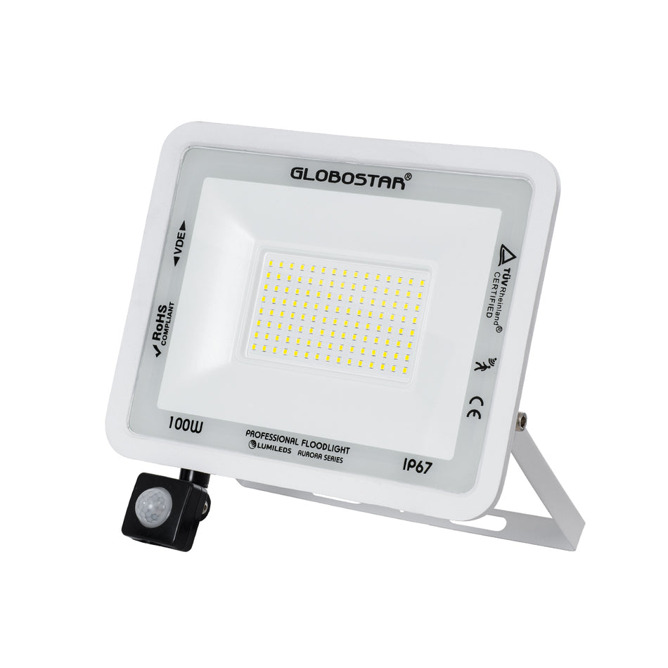 GLOBOSTAR® AURORA 61444 Προβολέας με Ανιχνευτή PIR / Αισθητήρα Κίνησης LED 100W 12500lm 120° AC 220-240V Αδιάβροχο IP67 Ψυχρό Λευκό 6000K - Lumileds SMD Chip - TÜV Rheinland Certified - Λευκό Ματ - Μ25 x Π6.5 x Υ27.5cm - 3 Χρόνια Εγγύηση