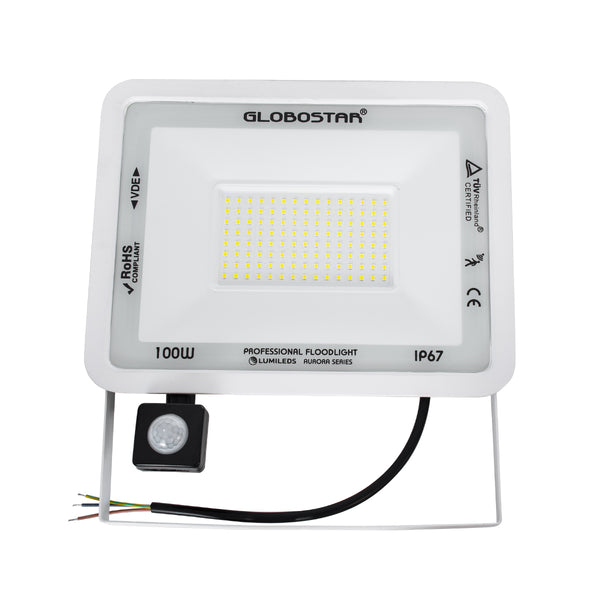 AURORA 61444 Επαγγελματικός Προβολέας LED 100W 12500lm 120° AC 220-240V με Ενσωματωμένο Ρυθμιζόμενο Αισθητήρα Κίνησης PIR - Αδιάβροχος IP67 - Μ25 x Π6.5 x Υ27.5cm - Λευκό - Ψυχρό Λευκό 6000K - LUMILEDS Chips - TÜV Rheinland Certified - 3 Years Warranty