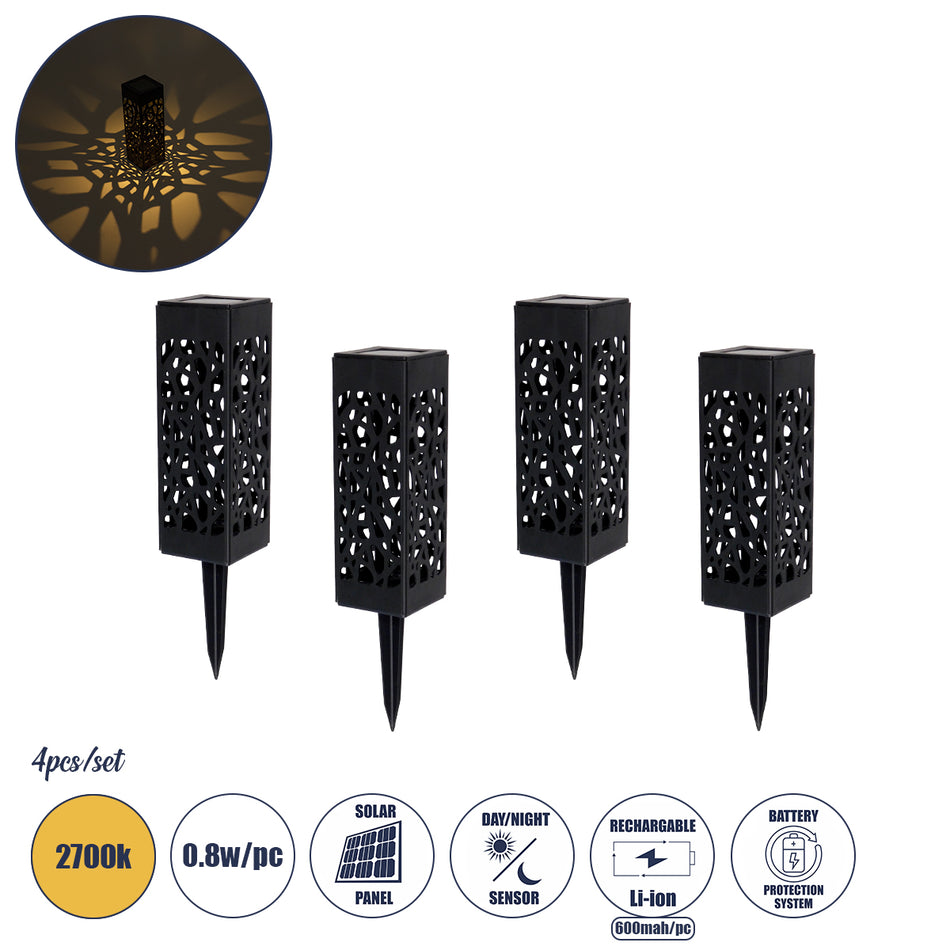 GloboStar® TRIBAL 71526 ΣΕΤ 4 Τεμαχίων Αυτόνομα Ηλιακά Φωτιστικά LED SMD 0.80W/Τεμ. 80lm/Τεμ. με Ενσωματωμένη Μπαταρία 600mAh - Φωτοβολταϊκό Πάνελ με Αισθητήρα Ημέρας-Νύχτας Αδιάβροχο IP65 Φανάρι Κήπου Τετράγωνο Θερμό Λευκό 2700K Μ6 x Π6 x Υ18cm - 1 Χρ...
