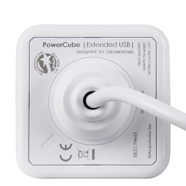 TRAVEL PowerCube PRO Certified 79643 Πολύπριζο 6 Θέσεων με 1.5m Kαλώδιο - 4 Πρίζες Ασφαλείας Childproof EU Schuko AC 220-240V & 2 Πρίζες USB Max 2.1A/DC 5V Μ7.5 x Π7.5 x Υ7.5 - Λευκό με Μπλε - Max Load 3680W/16A