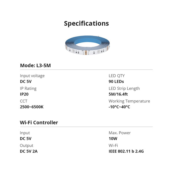 Sonoff L3 -5M RGB Smart Smart LED Strip WiFi 2,4GHz 90 SMD/5M 5050 5M Roll & Power Adapter DC 5V Max 10W