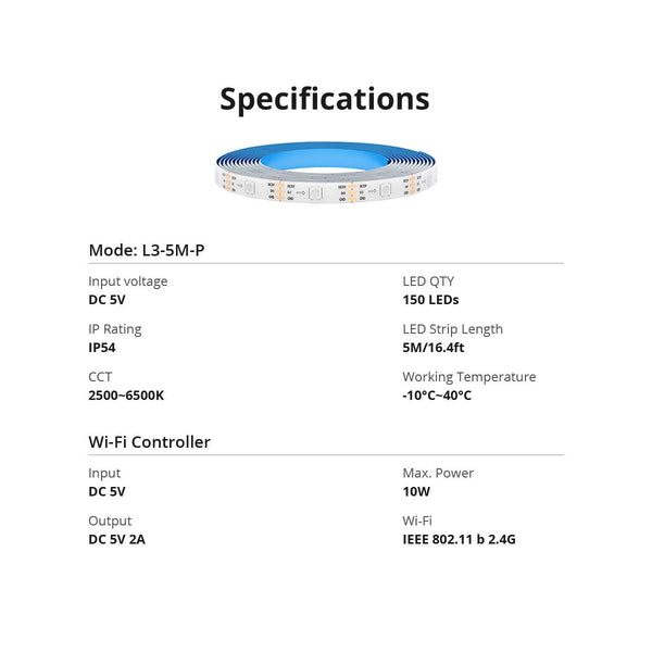 80099 SONOFF L3-5M-PRO RGBIC Digital IC RGB Smart LED Strip Light WiFi 2.4GHz 90 SMD/M 5050 5m Roll & Power Adapter DC 5V Max 10W