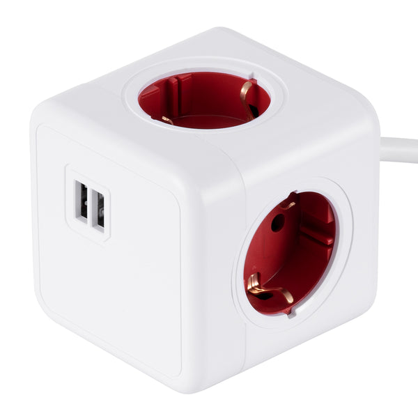 TRAVEL PowerCube PRO Certified 79642 Πολύπριζο 6 Θέσεων με 1.5m Kαλώδιο - 4 Πρίζες Ασφαλείας Childproof EU Schuko AC 220-240V & 2 Πρίζες USB Max 2.1A/DC 5V Μ7.5 x Π7.5 x Υ7.5 - Λευκό με Κόκκινο - Max Load 3680W/16A