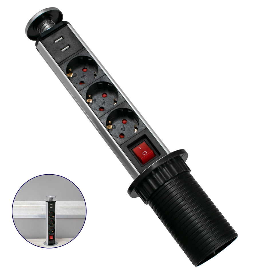 GLOBOSTAR® POWERFOLD 79630 Χωνευτό Πτυσσόμενο Πολύπριζο 5 Θέσεων με 2 x Πρίζες DC 5V USB 3.0 & 3 x EU Schuko Πρίζες Ασφαλείας Childproof AC 220-240V 3000W/13A Max Load με Διακόπτη On/Off IP20 - Μαύρο & Γκρι - Μ8 x Π8 x Υ33cm